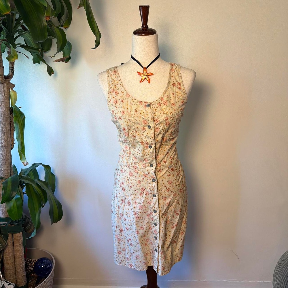 Calvin Klein Jeans Cream Floral Button Up Cotton Dress Size 6 Cottagecore Y2K